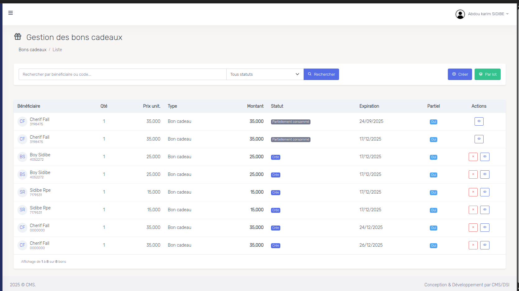 Liste des bons d’achat dans l’interface de gestion